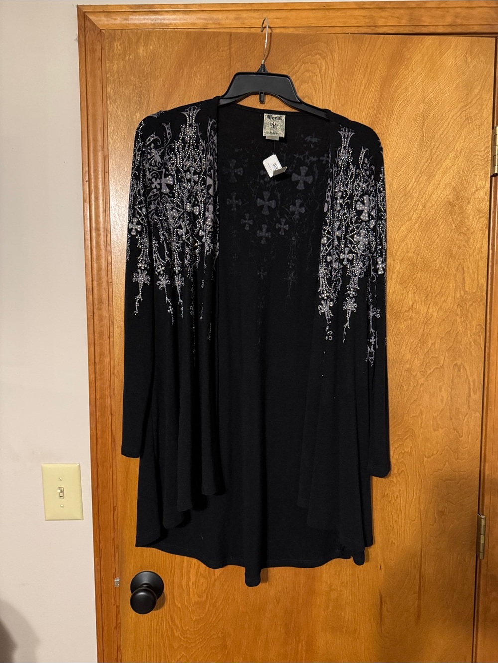 Vocal Black Open-Front Cardigan with Silver Embellished Detail